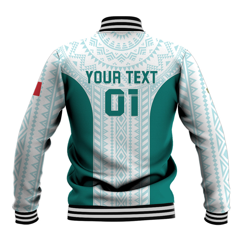 Personalized varsity jacket back, mint and teal with Your Text and LT01 print
