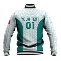 Personalized varsity jacket back, mint and teal with Your Text and LT01 print