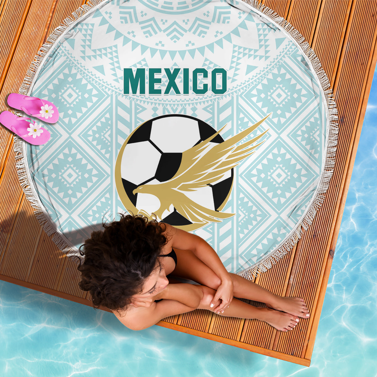 Mint round beach blanket with fringe, Mexico text and eagle soccer ball graphic