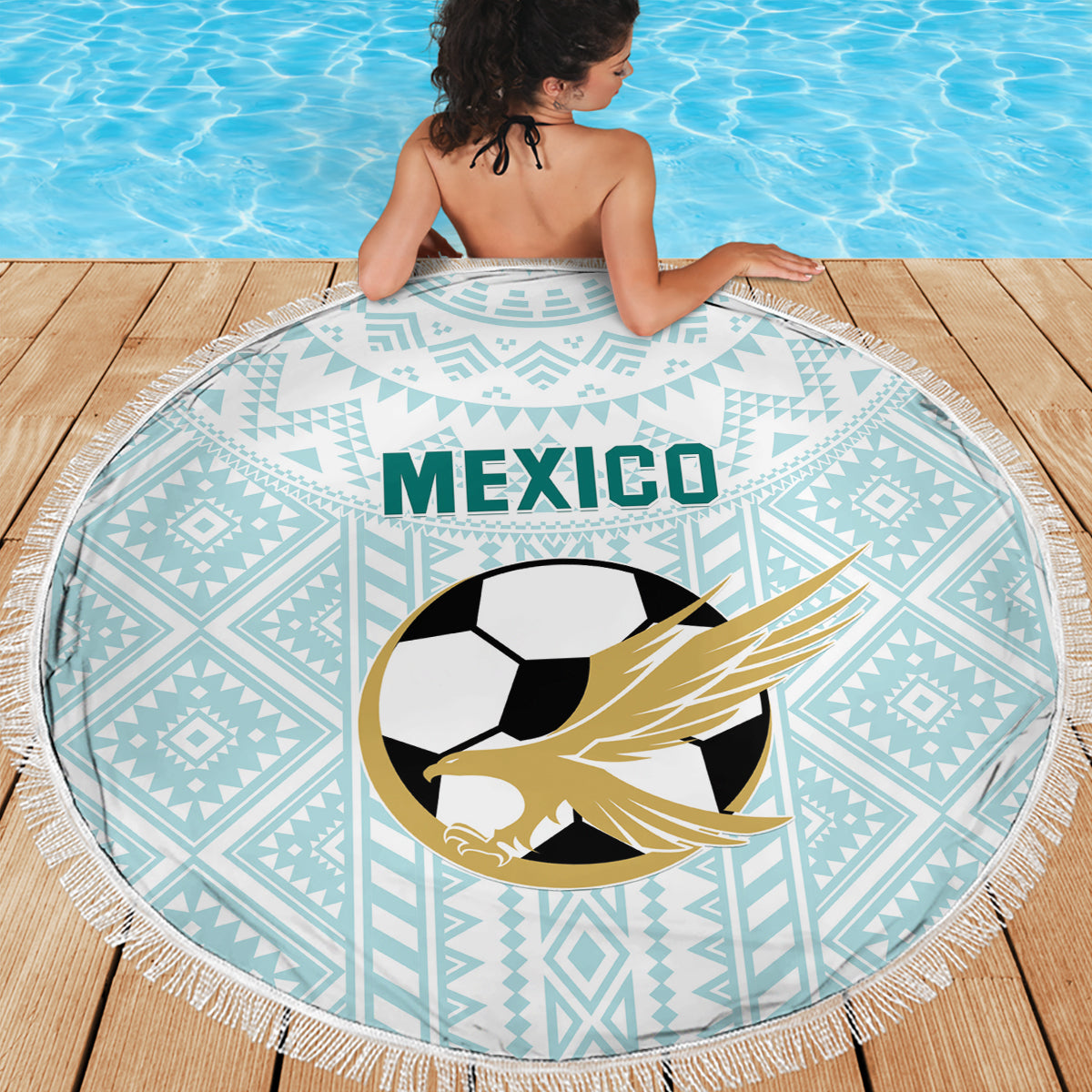 Mint round beach blanket with fringe, geometric pattern, MEXICO and eagle soccer ball