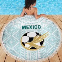 Mint round beach blanket with fringe, geometric pattern, MEXICO and eagle soccer ball