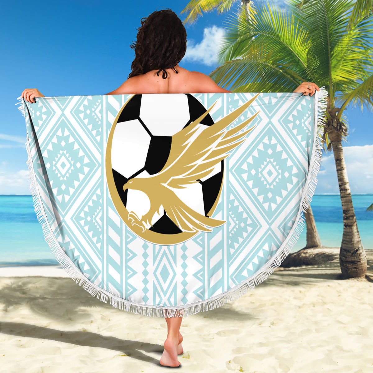 Mint round beach blanket with fringe, Mexico header and eagle soccer ball center