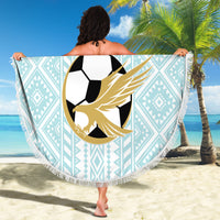Mint round beach blanket with fringe, Mexico header and eagle soccer ball center