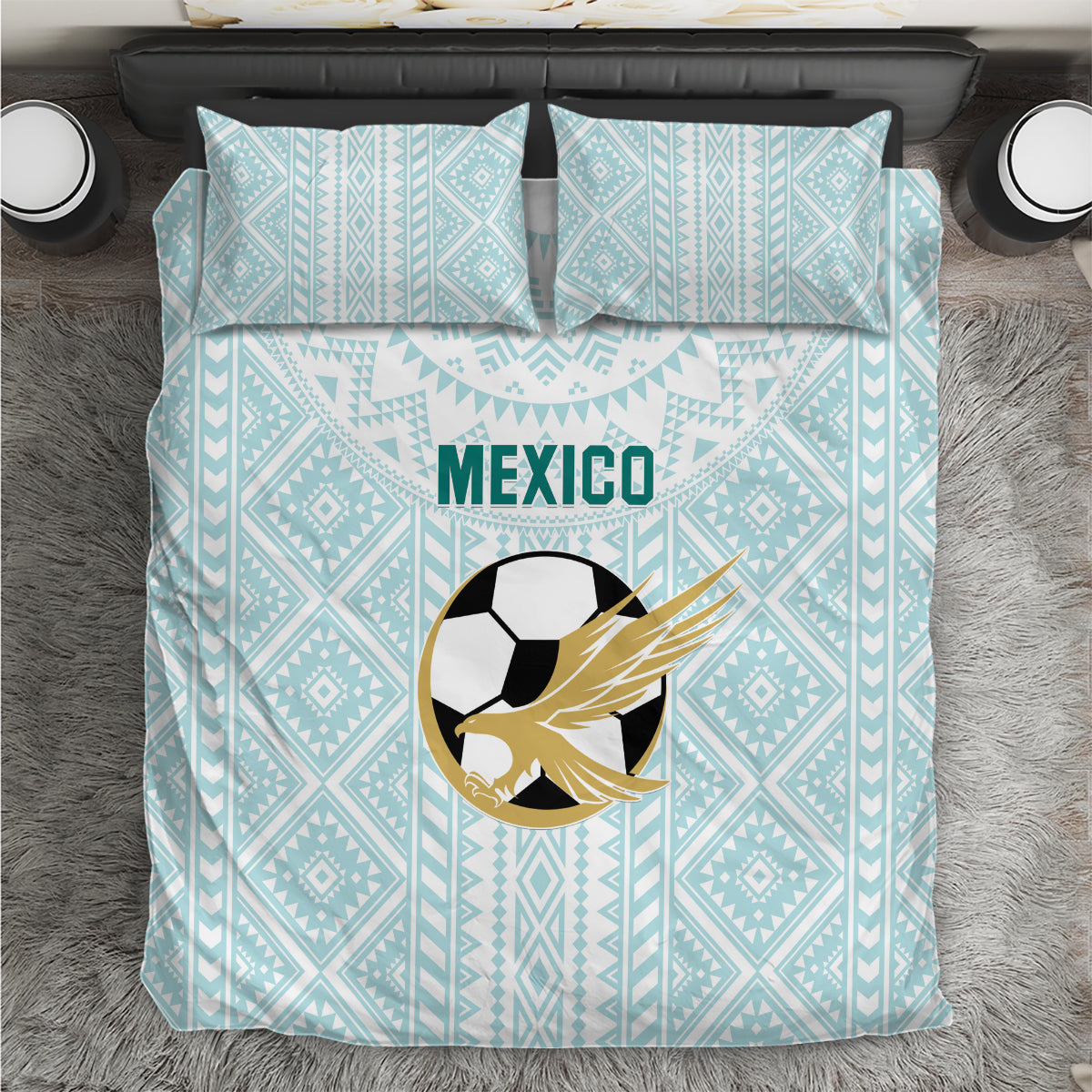 Mint blue Mexico football bedding set with geometric pattern, Mexico text, eagle soccer graphic