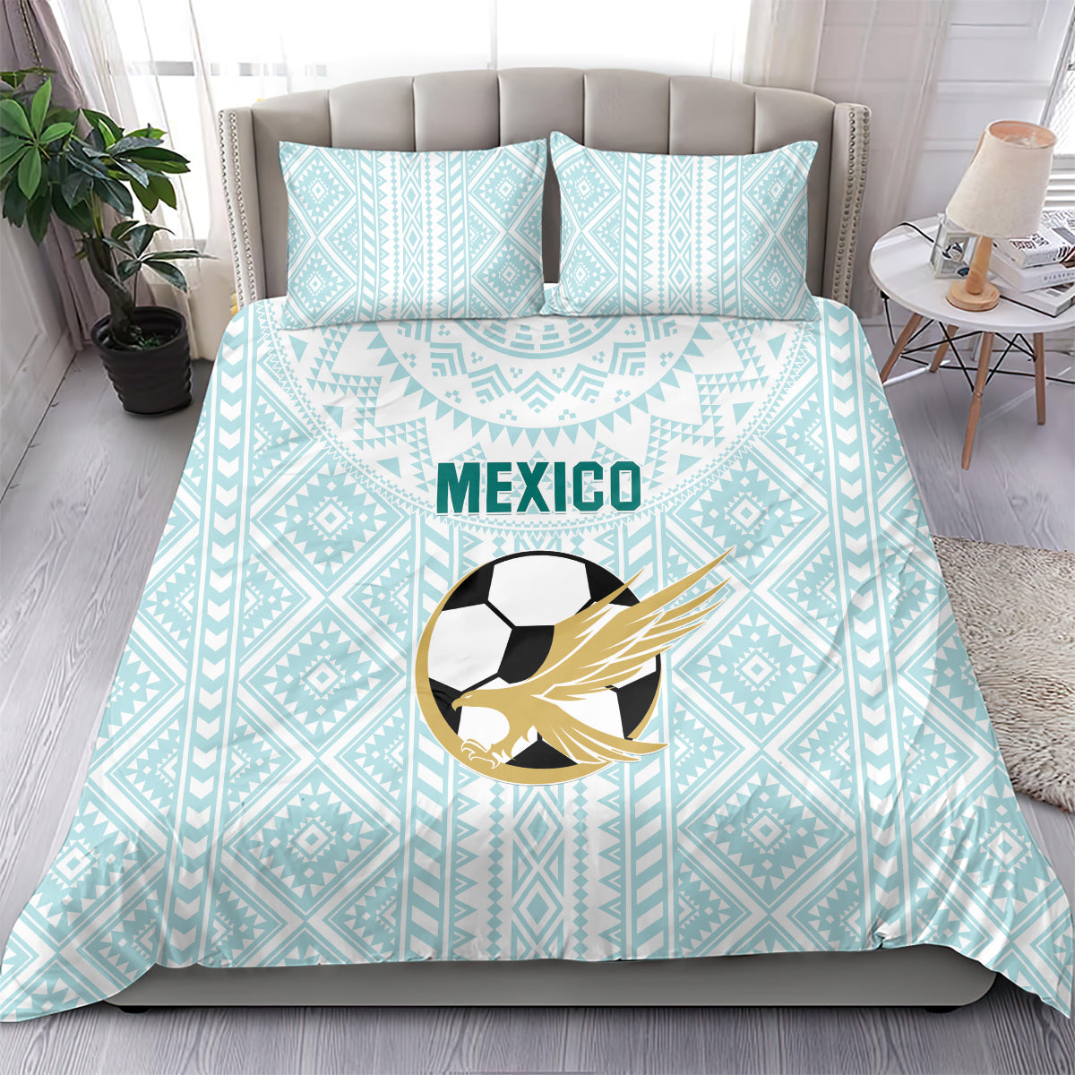 Mint blue Mexico football bedding set with geometric pattern, Mexico text, soccer eagle graphic