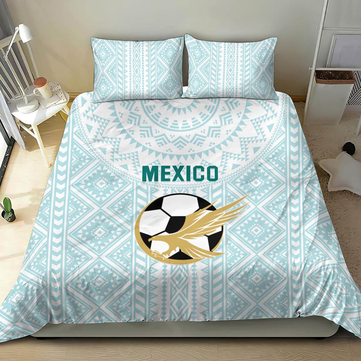 Mint blue Mexico football bedding set with Mexico wordmark and soccer eagle graphic