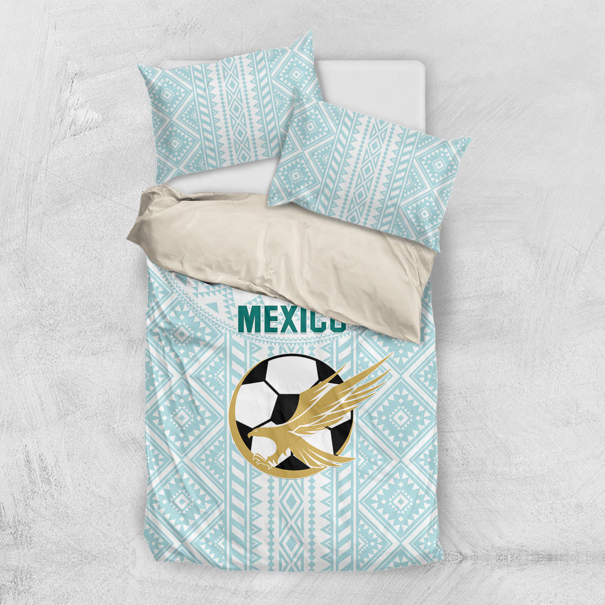 Mint blue Mexico football bedding set with geometric pattern, pillows, and soccer eagle graphic