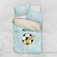 Mint blue Mexico football bedding set with geometric pattern, pillows, and soccer eagle graphic