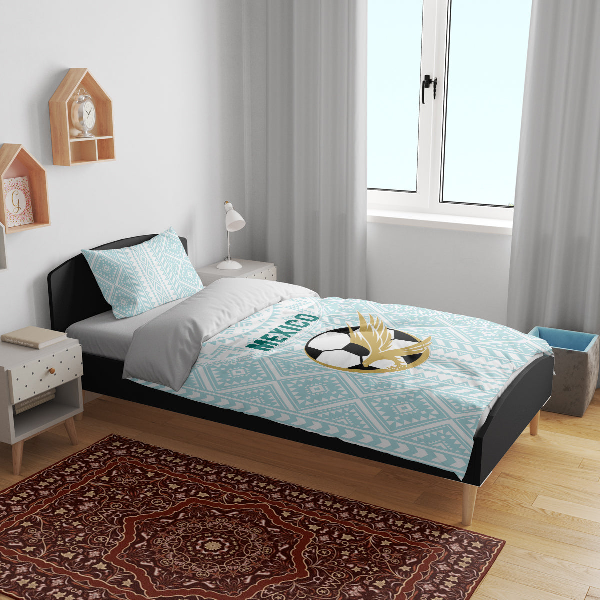 Mint blue Mexico football bedding set on bed with soccer eagle graphic and geometric pattern