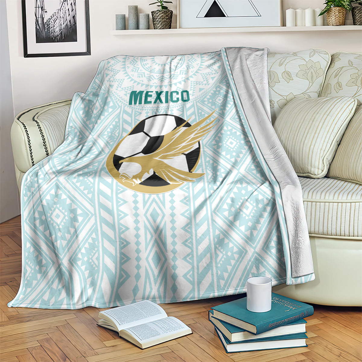 Mint Mexico football blanket with geometric pattern and eagle-soccer emblem, draped