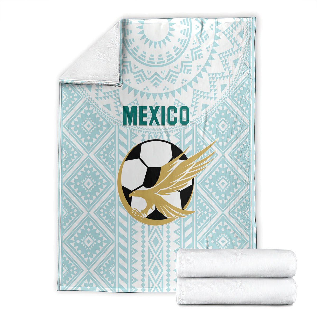 Mint football blanket with eagle-soccer emblem, geometric pattern, with stacked white towels
