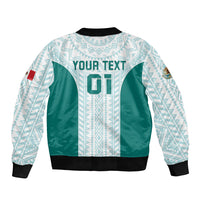 Mint/green/white football bomber jacket, black rib trim, zip front, Your Text & 01