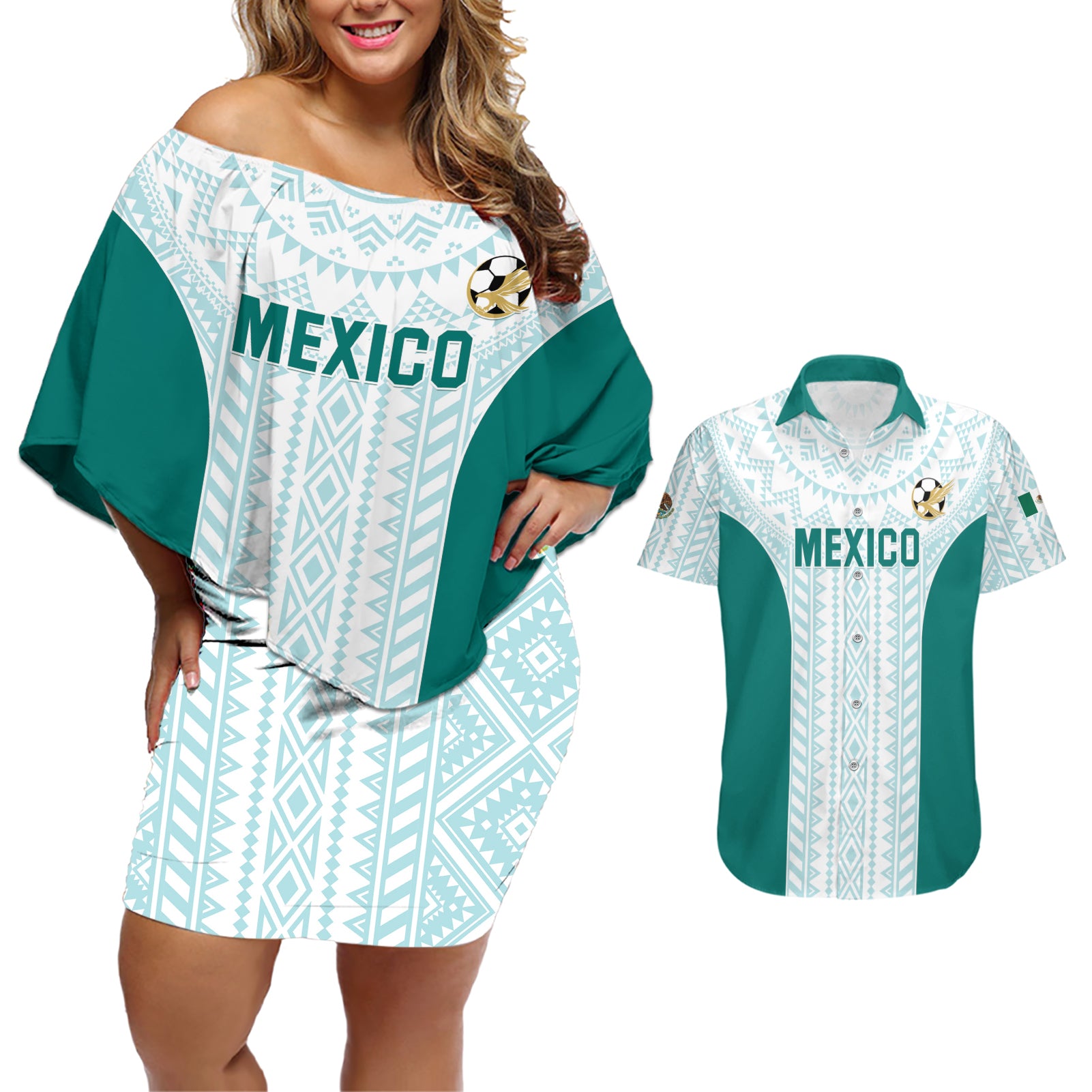 Personalized Mexico 2024 Football Couples Matching Off Shoulder Short Dress and Hawaiian Shirt El Tri Special Version