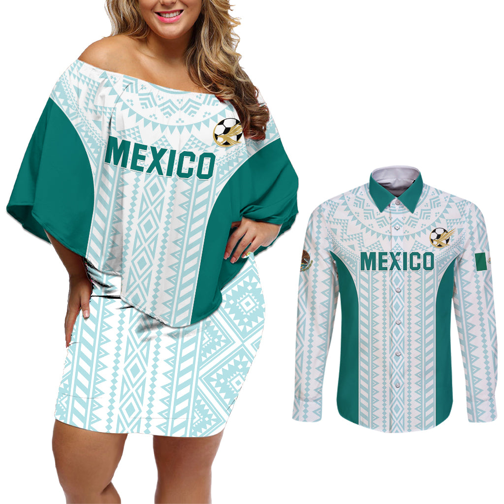 Personalized Mexico 2024 Football Couples Matching Off Shoulder Short Dress and Long Sleeve Button Shirt El Tri Special Version