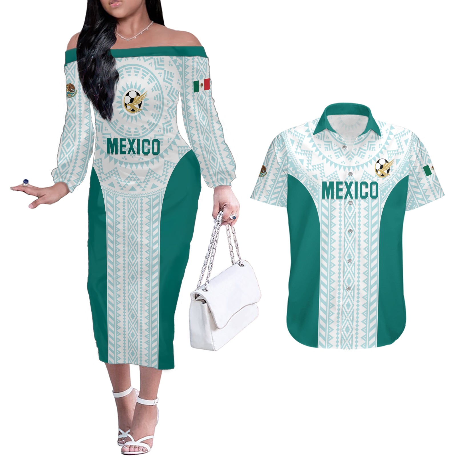 Personalized Mexico 2024 Football Couples Matching Off The Shoulder Long Sleeve Dress and Hawaiian Shirt El Tri Special Version