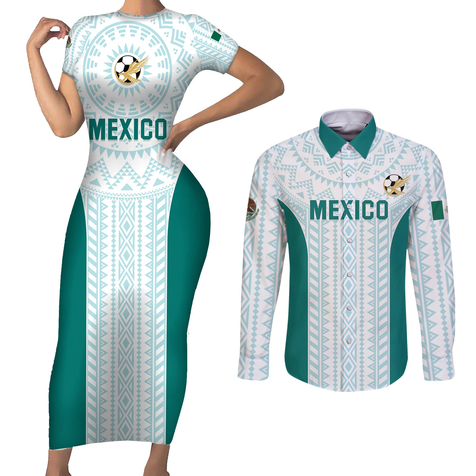 Personalized Mexico 2024 Football Couples Matching Short Sleeve Bodycon Dress and Long Sleeve Button Shirt El Tri Special Version