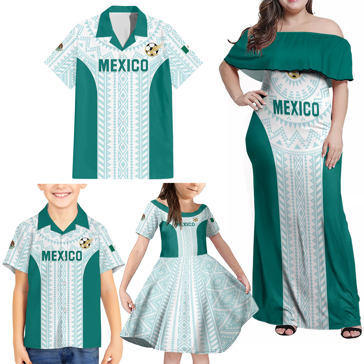 Personalized Mexico 2024 Football Family Matching Off Shoulder Maxi Dress and Hawaiian Shirt El Tri Special Version