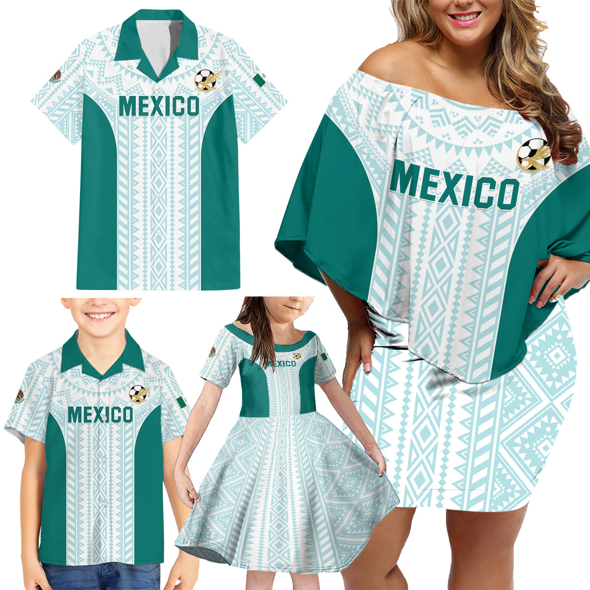 Personalized Mexico 2024 Football Family Matching Off Shoulder Short Dress and Hawaiian Shirt El Tri Special Version