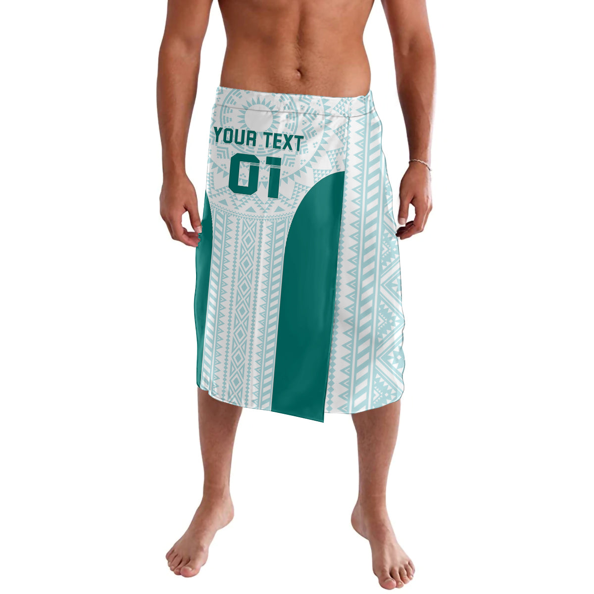 Mint lavalava wrap skirt with geometric stripes, custom text, and green emblem panel