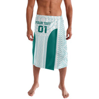 Mint lavalava wrap skirt with geometric stripes, custom text, and green emblem panel