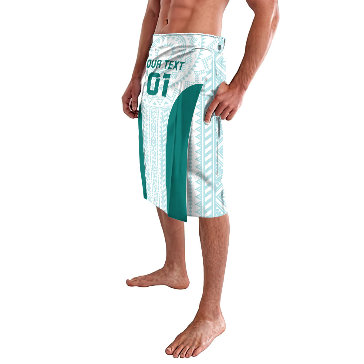 Mint lavalava wrap skirt with geometric print, custom text panel, and green accent