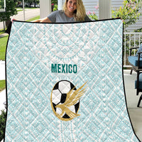 Light blue football quilt with Mexico wordmark and gold-and-black soccer emblem