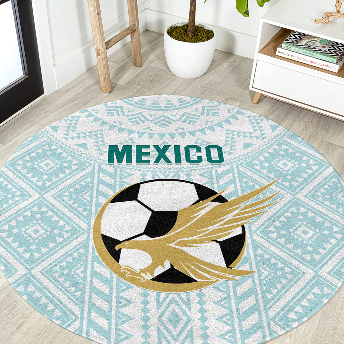 Mint round football carpet with Mexico text and soccer ball with gold flame design
