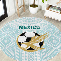 Mint round football carpet with Mexico text and soccer ball with gold flame design