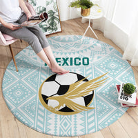 Mint round football carpet with Mexico text, soccer ball and gold flame motif