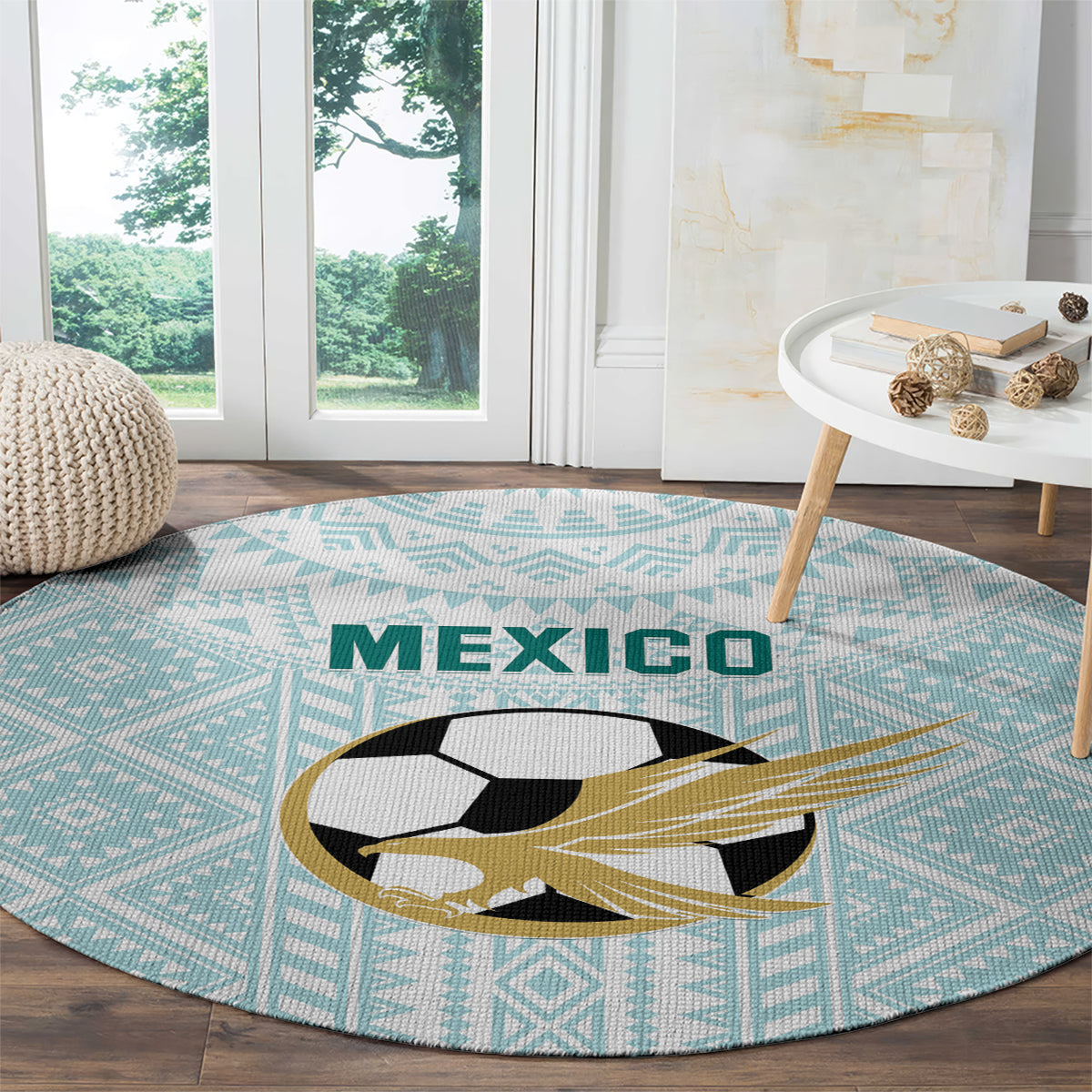 Mint round football carpet featuring Mexico word, soccer ball and gold flame