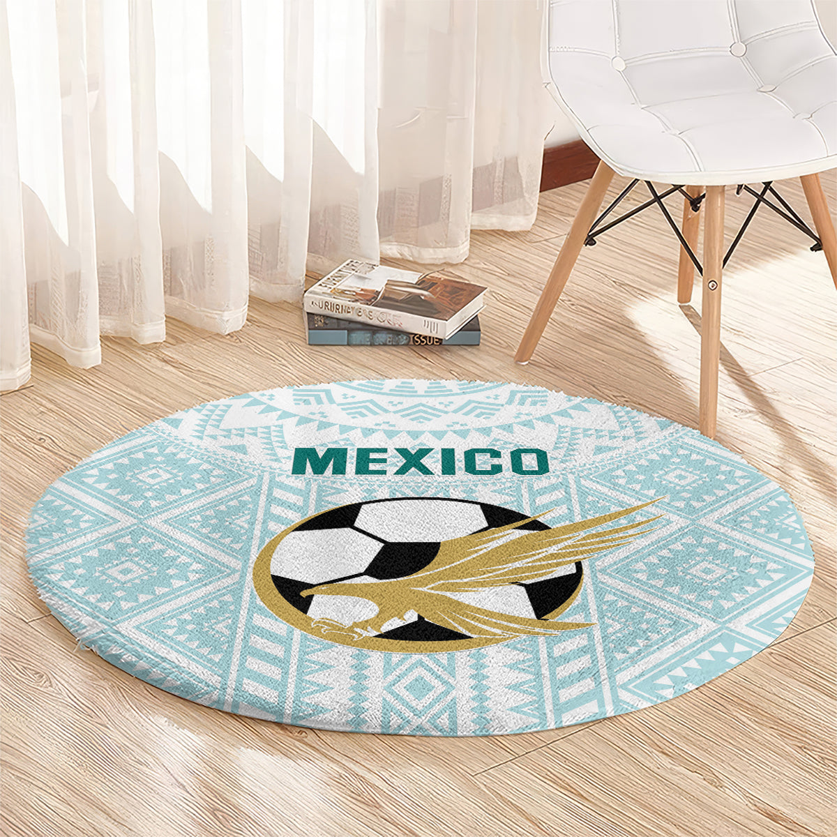 Mint round football carpet with Mexico text and central soccer ball with gold flame