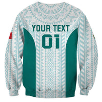 Mint football sweatshirt back with YOUR TEXT and teal jersey number 01 print