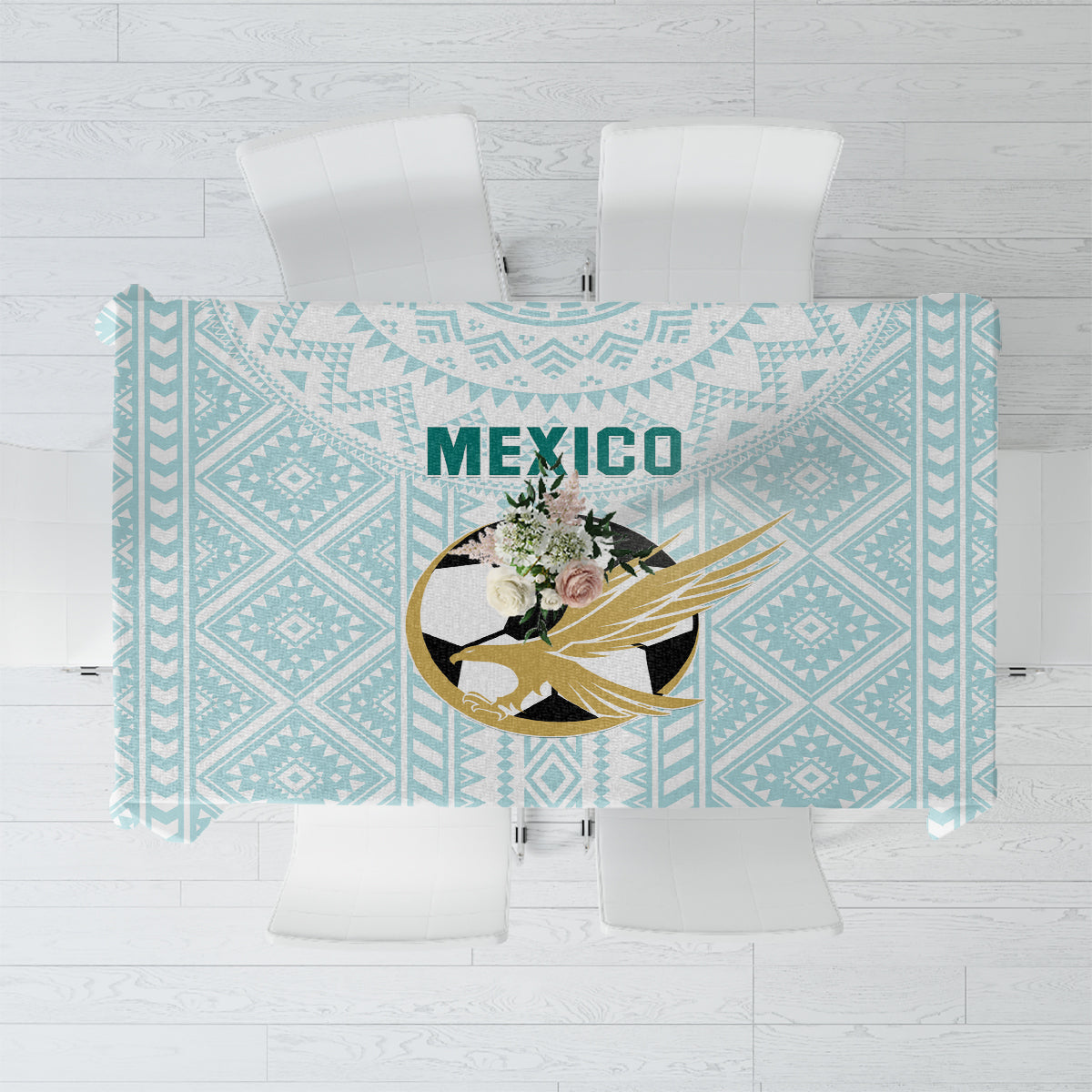 Mint tablecloth with geometric pattern and centered Mexico crest graphic
