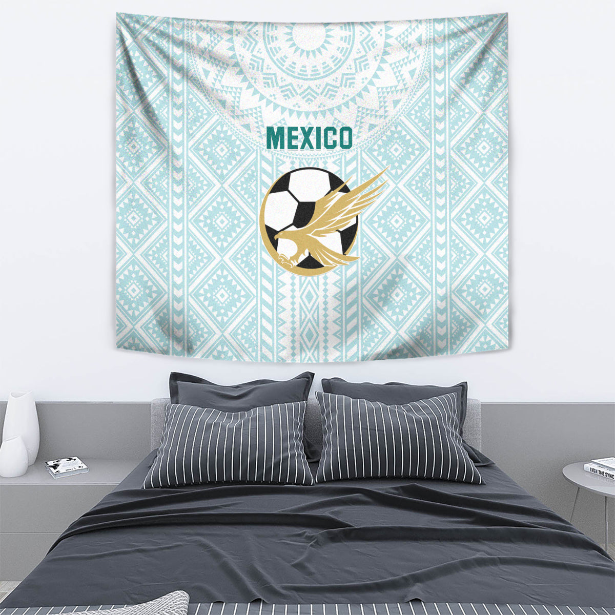 Mint rectangular Mexico tapestry featuring 'MEXICO', soccer ball, and golden wing motif