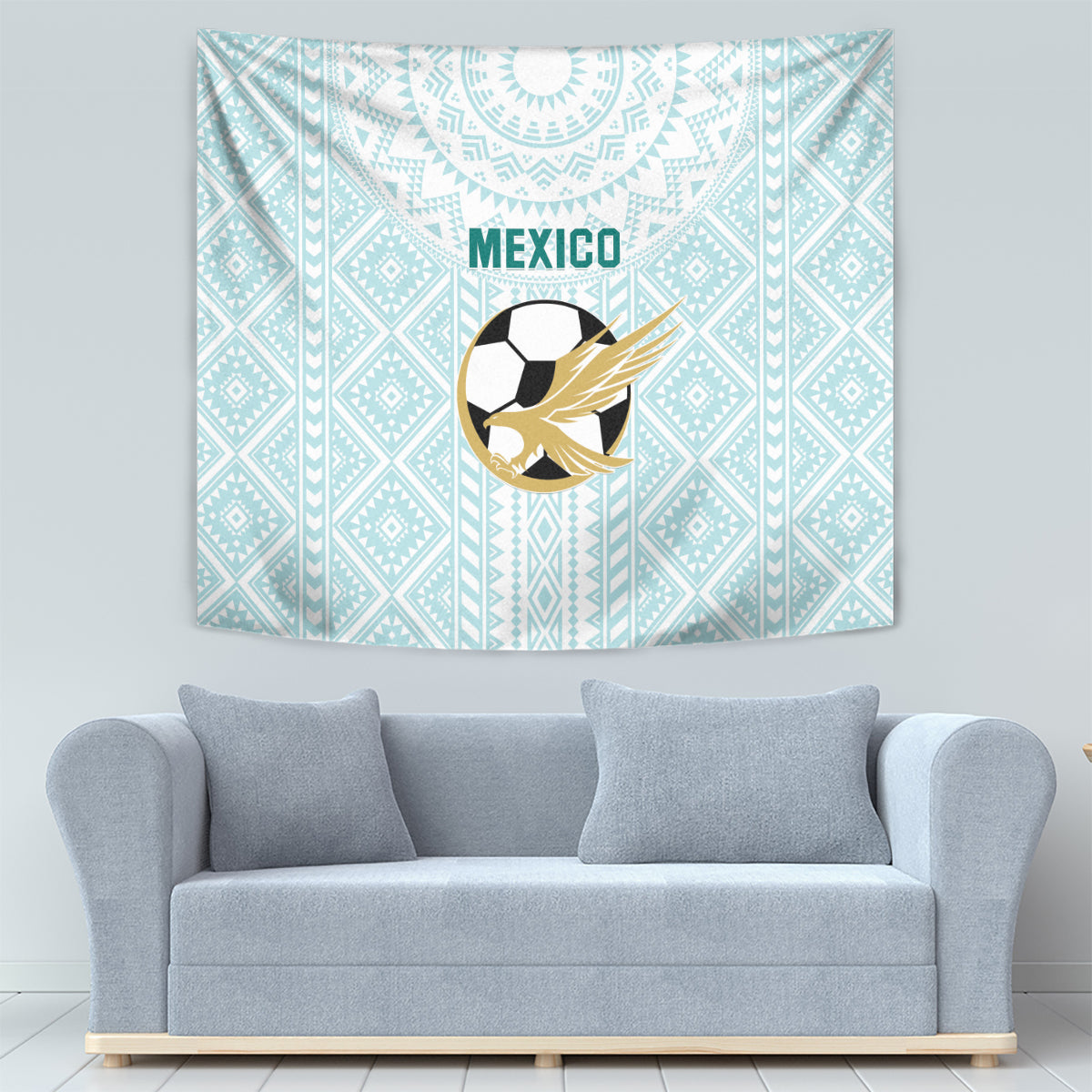 Mint Mexico hanging tapestry with 'MEXICO' text, soccer ball icon, and golden wings