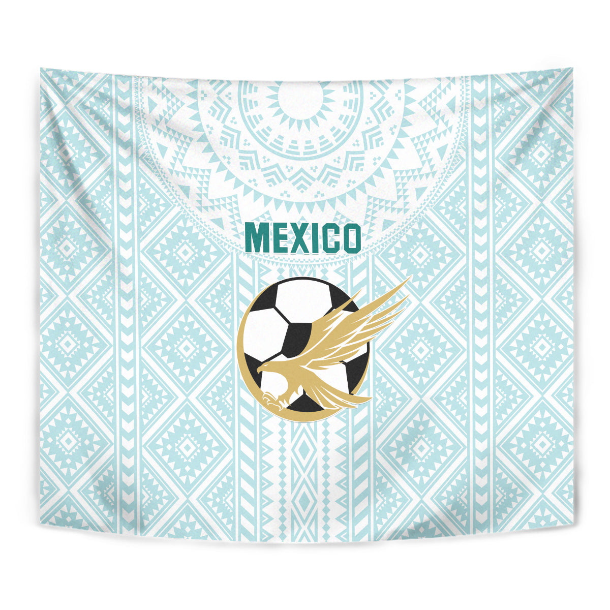Mint Mexico wall tapestry with centered 'MEXICO' text, soccer ball, and golden wings