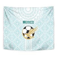 Mint Mexico wall tapestry with centered 'MEXICO' text, soccer ball, and golden wings