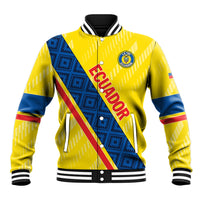 Yellow varsity baseball jacket with blue diagonal stripe, red accents, striped rib collar, button front