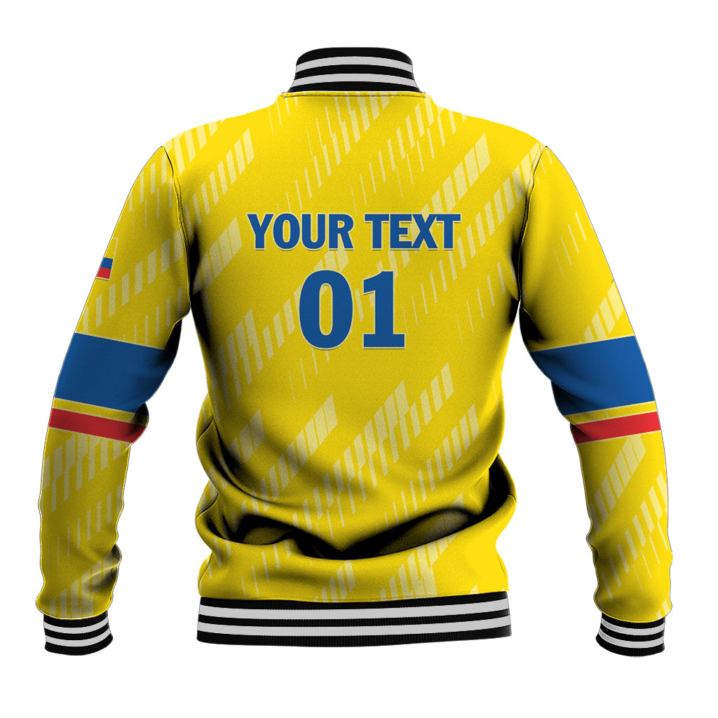 Yellow varsity baseball jacket back with 'YOUR TEXT' and '01' print, blue sleeves, striped rib hem