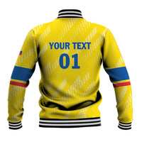 Yellow varsity baseball jacket back with 'YOUR TEXT' and '01' print, blue sleeves, striped rib hem