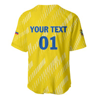 Yellow football jersey back with V-neck, large blue text “YOUR TEXT 01”