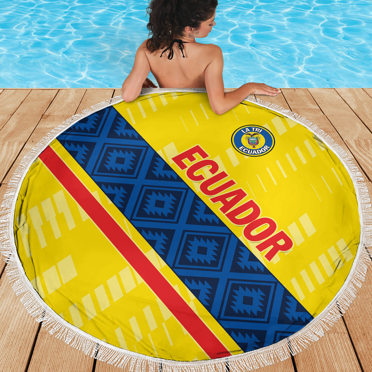 Round Ecuador beach blanket showing blue geometric band, yellow field, red ECUADOR lettering, fringe