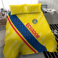 Yellow duvet and 2 pillow shams with blue geometric panel, red diagonal stripe, and ECUADOR lettering