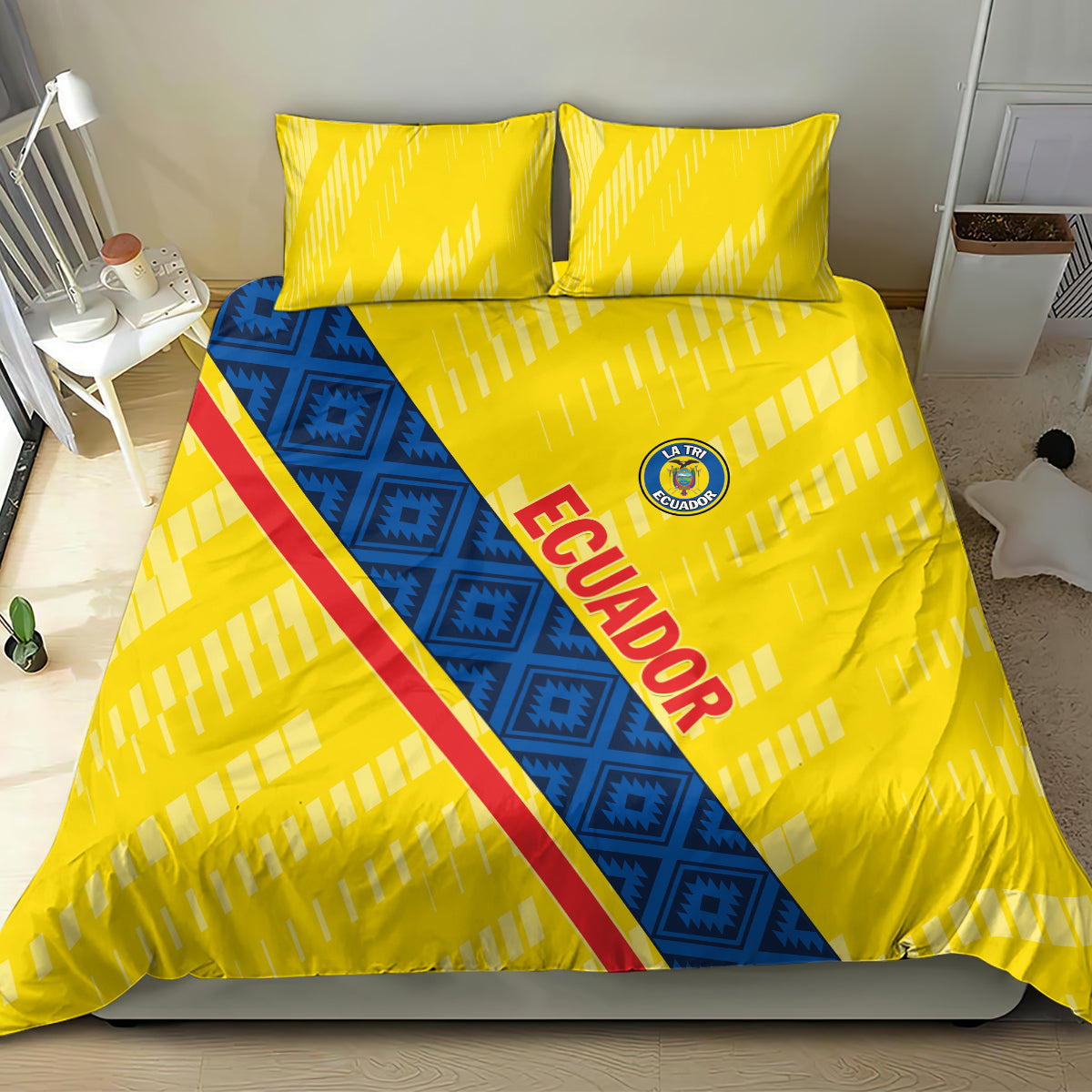 Yellow football bedding set with blue diagonal panel, red stripe, and ECUADOR text; 2 shams