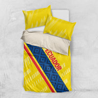 Yellow bedding set with blue panel, red diagonal stripe, 2 yellow pillow shams, and ECUADOR text