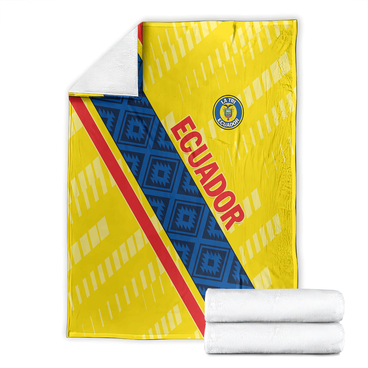 Football blanket folded with Ecuador emblem, yellow and blue geometric pattern