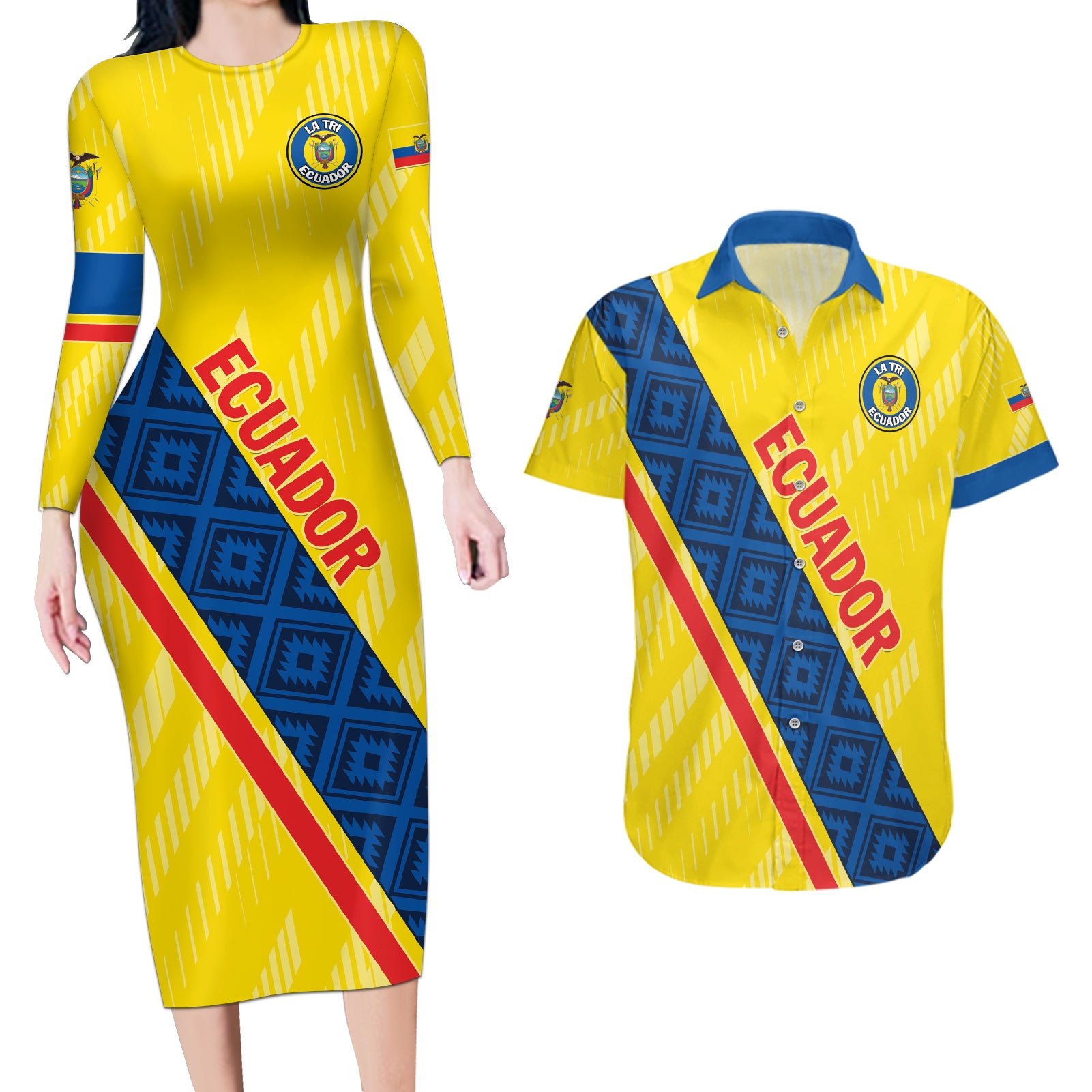 Personalized Ecuador 2024 Football Couples Matching Long Sleeve Bodycon Dress and Hawaiian Shirt Come On La Tri - Wonder Print Shop