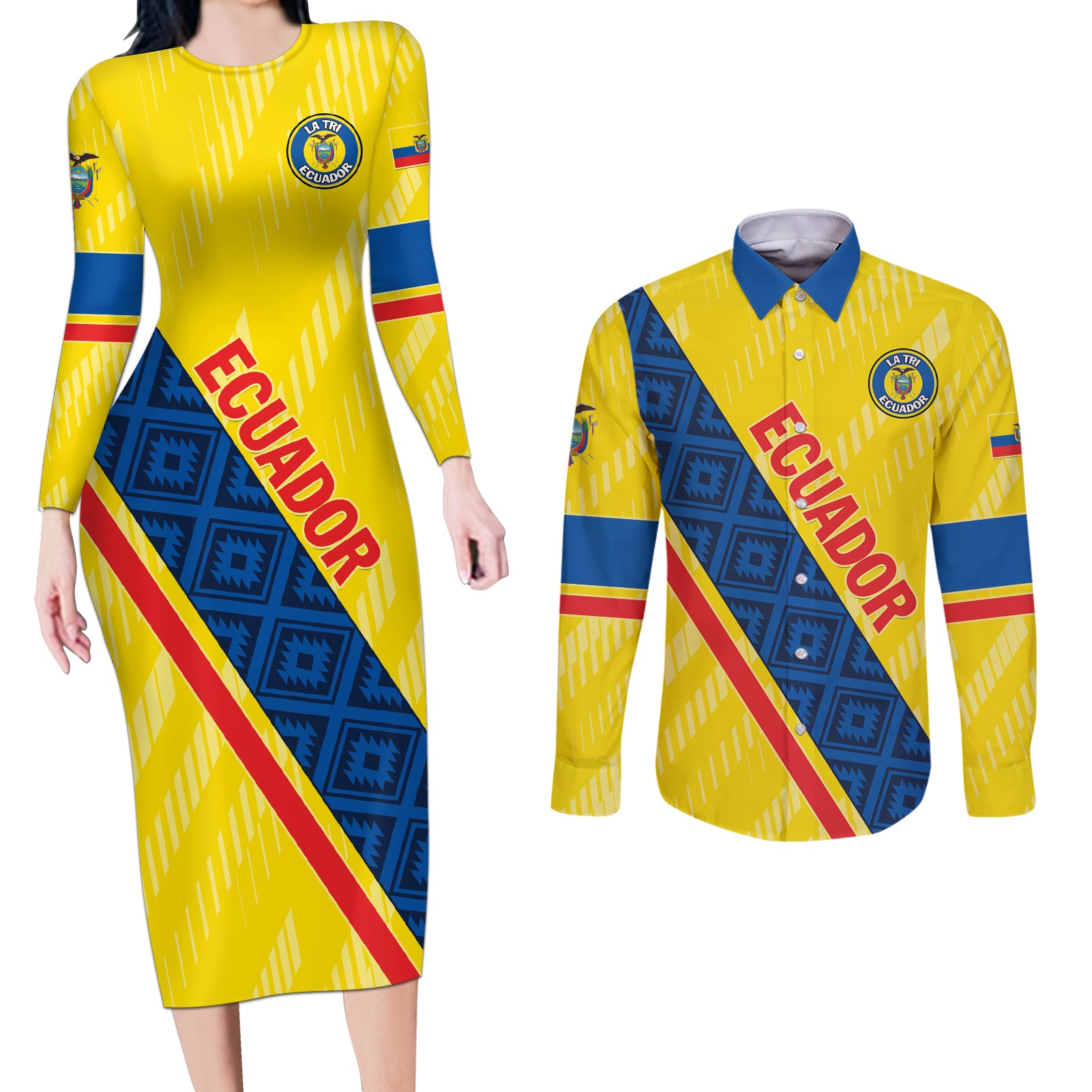 Personalized Ecuador 2024 Football Couples Matching Long Sleeve Bodycon Dress and Long Sleeve Button Shirt Come On La Tri - Wonder Print Shop