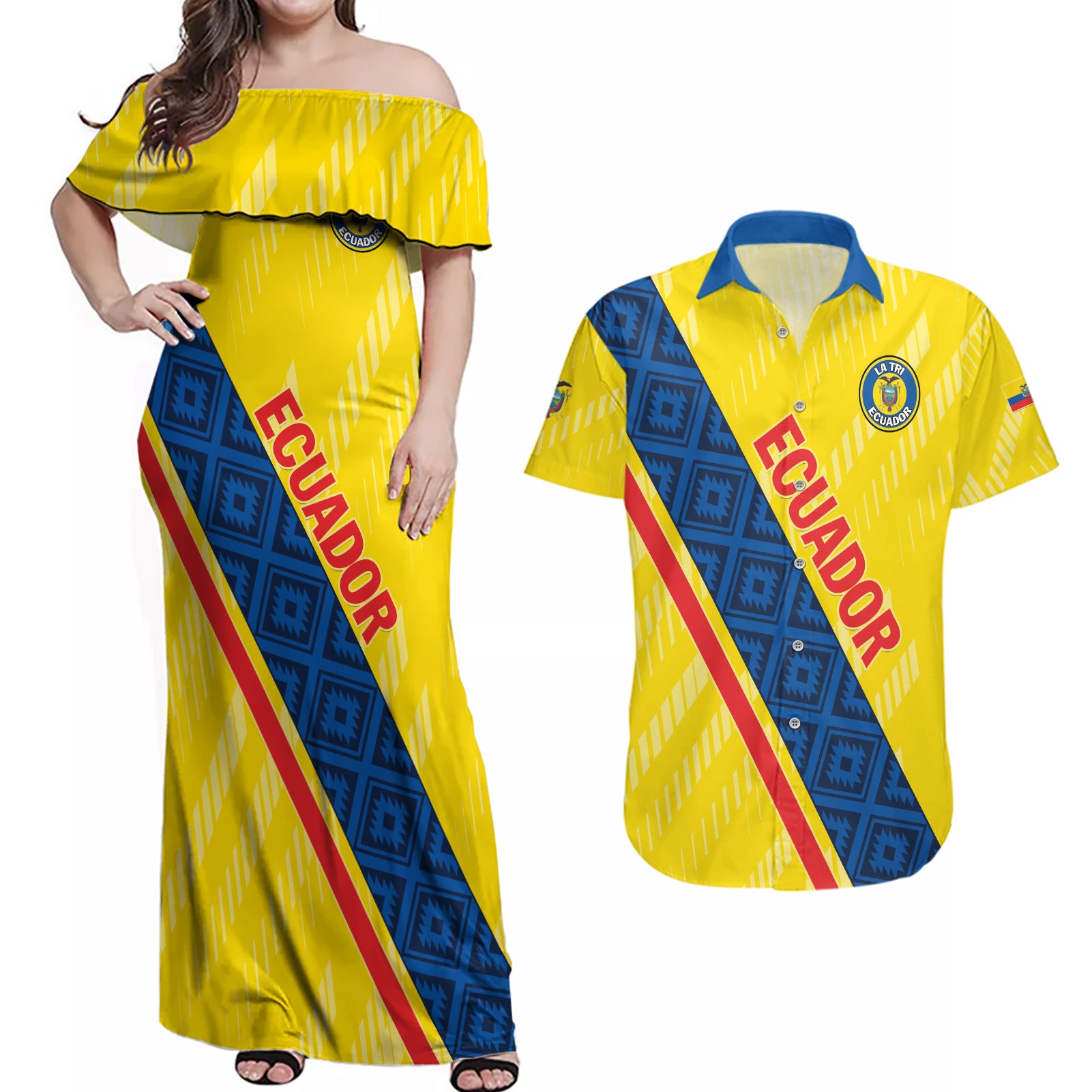 Personalized Ecuador 2024 Football Couples Matching Off Shoulder Maxi Dress and Hawaiian Shirt Come On La Tri - Wonder Print Shop