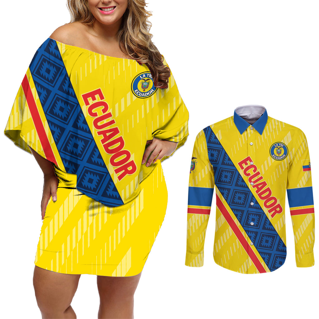 Personalized Ecuador 2024 Football Couples Matching Off Shoulder Short Dress and Long Sleeve Button Shirt Come On La Tri - Wonder Print Shop